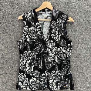 Calvin Klein Blouse Women M Medium Black Floral V-Neck Sleeveless Wide Strap